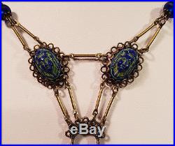 Antique Art Deco Max Neiger Blue & Green Czech Glass Egyptian Revival Necklace