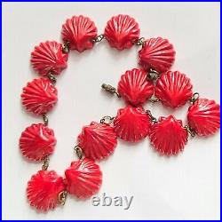 Antique Art Deco Molded Red Art Glass Seashell Choker Necklace