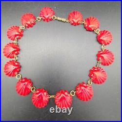 Antique Art Deco Molded Red Art Glass Seashell Choker Necklace