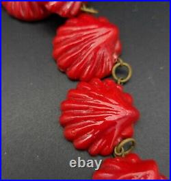 Antique Art Deco Molded Red Art Glass Seashell Choker Necklace