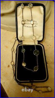 Antique Art Deco Moonstone & Sterling Silver Long Flapper Necklace
