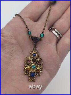 Antique Art Deco Multicolor Czech Glass & Brass Necklace