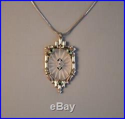 Antique Art Deco Natural Diamond Necklace 14k Solid White Gold Enamel Geometric