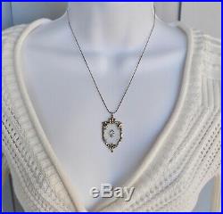 Antique Art Deco Natural Diamond Necklace 14k Solid White Gold Enamel Geometric