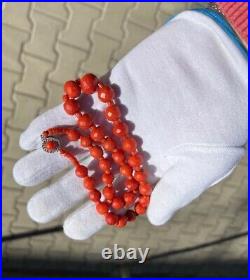 Antique Art Deco Natural Red Coral Big Faceted Beads Necklace 14K Gold clasp 58g