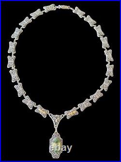 Antique Art Deco Necklace 1930s Filigree Green Crystal Rhodium Plated Lariat