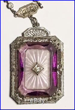 Antique Art Deco Necklace Camphor Glass Filigree Sterling Rare LAVENDER Pendant