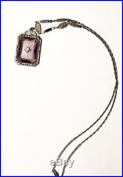 Antique Art Deco Necklace Camphor Glass Filigree Sterling Rare LAVENDER Pendant