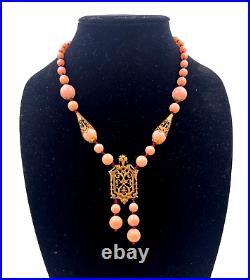 Antique Art Deco Necklace Faux Coral Glass Beads Brass Filigree Pendant Czech