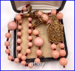 Antique Art Deco Necklace Faux Coral Glass Beads Brass Filigree Pendant Czech