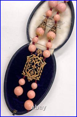 Antique Art Deco Necklace Faux Coral Glass Beads Brass Filigree Pendant Czech