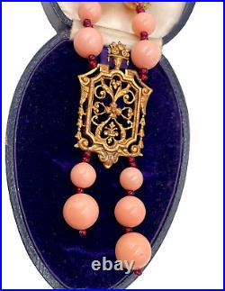 Antique Art Deco Necklace Faux Coral Glass Beads Brass Filigree Pendant Czech