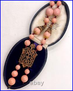 Antique Art Deco Necklace Faux Coral Glass Beads Brass Filigree Pendant Czech