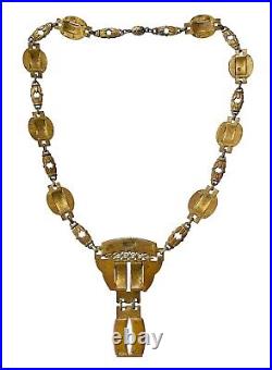 Antique Art Deco Neiger Bros Brass Czech Glass Necklace Vintage