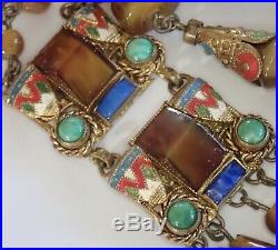 Antique Art Deco Neiger Bros Brass Enamel Brown Green Blue Czech Glass Necklace