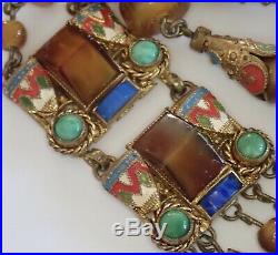 Antique Art Deco Neiger Bros Brass Enamel Brown Green Blue Czech Glass Necklace