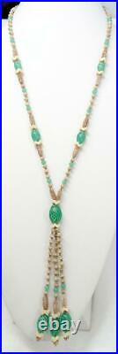 Antique Art Deco Neiger Bros Green Uranium Czech Glass Bead Tassel Necklace