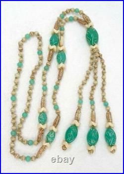 Antique Art Deco Neiger Bros Green Uranium Czech Glass Bead Tassel Necklace