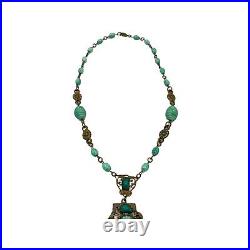 Antique Art Deco Neiger Green Czech Glass Floral Necklace