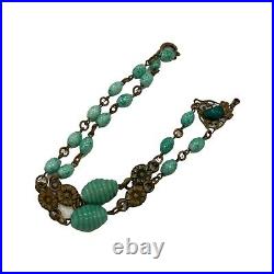 Antique Art Deco Neiger Green Czech Glass Floral Necklace