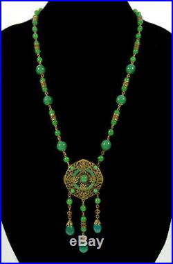 Antique Art Deco Neiger Necklace Czech Uranium Jade Glass Brass