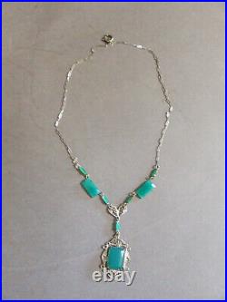 Antique Art Deco Nouveau Chrysoprase Green Glass Necklace (h)