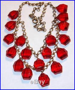 Antique Art Deco Nouveau Red Glass Drops Unusual Chain Bib Festoon Necklace