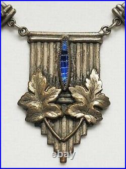 Antique Art Deco / Nouveau Simulated Sapphire Pendant Necklace Leaf Motif