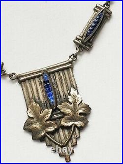 Antique Art Deco / Nouveau Simulated Sapphire Pendant Necklace Leaf Motif