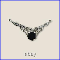 Antique Art Deco Onyx & Marcasite Necklace Women's Gift Jewelry Silver Ornate