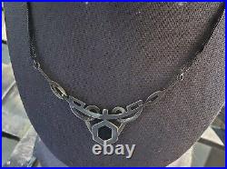Antique Art Deco Onyx & Marcasite Necklace Women's Gift Jewelry Silver Ornate