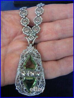 Antique Art Deco Peridot Glass Crystal Necklace Rhodium Signed