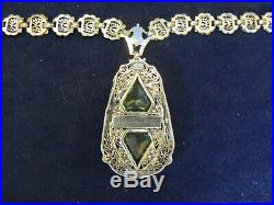 Antique Art Deco Peridot Glass Crystal Necklace Rhodium Signed