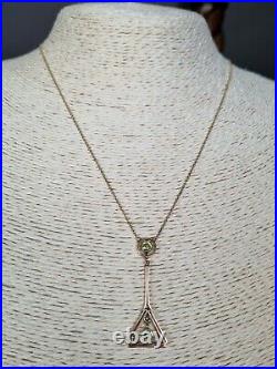Antique Art Deco Peridot Pearl Pendant Necklace 9ct Gold