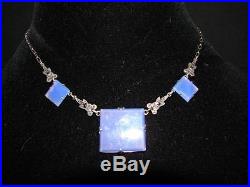 Antique Art Deco Periwinkle Blue Glass & Sterling Silver W Marcasites Necklace