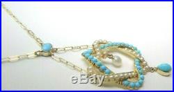 Antique Art Deco Persian Turquoise Pearl 18K Yellow Gold Star Of David Necklace