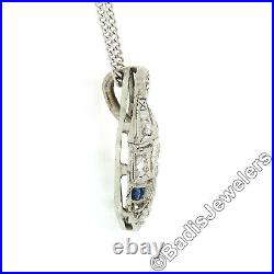 Antique Art Deco Platinum 0.25ct Diamond Sapphire Open Milgrain Pendant Necklace