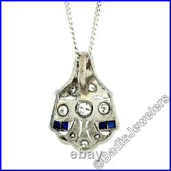 Antique Art Deco Platinum 0.25ct Diamond Sapphire Open Milgrain Pendant Necklace