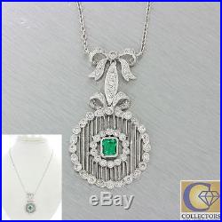 Antique Art Deco Platinum 0.30ct Emerald 0.90ct Diamond Circle Pendant Necklace