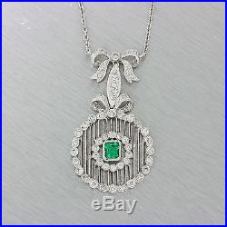 Antique Art Deco Platinum 0.30ct Emerald 0.90ct Diamond Circle Pendant Necklace