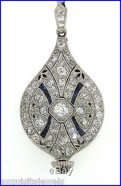 Antique Art Deco Platinum 7.25ctw Sapphire Diamond Filigree Watch Necklace