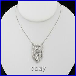 Antique Art Deco Platinum Old Euro & Baguette Diamond Pendant Necklace #e3088-3