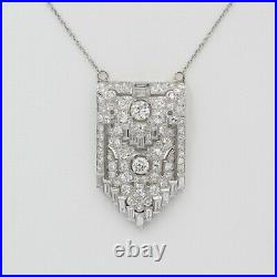 Antique Art Deco Platinum Old Euro & Baguette Diamond Pendant Necklace #e3088-3