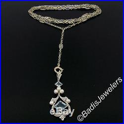Antique Art Deco Platinum Square Aquamarine Diamond Pearl Long Necklace