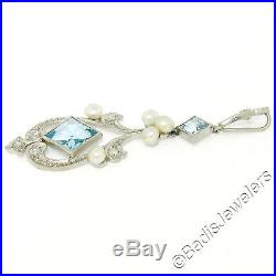 Antique Art Deco Platinum Square Aquamarine Diamond Pearl Long Necklace