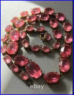 Antique Art Deco Pretty Pink Paste Glass, Gilt Gatsby Necklace 16.9'', 20 grams