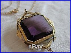Antique Art Deco Purple Cut Crystal 12k Gold Filled Dangling Pendant Necklace