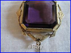 Antique Art Deco Purple Cut Crystal 12k Gold Filled Dangling Pendant Necklace