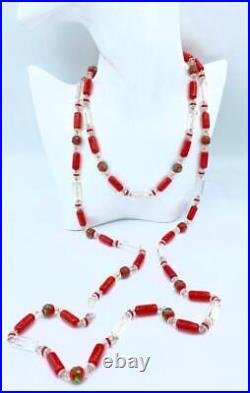 Antique Art Deco Red & Clear Glass Beaded Lariat Length Necklace 57