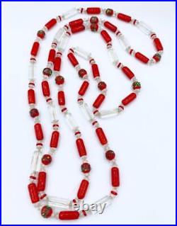 Antique Art Deco Red & Clear Glass Beaded Lariat Length Necklace 57